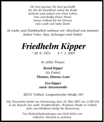 Traueranzeige von Friedhelm Kipper von Tageszeitung