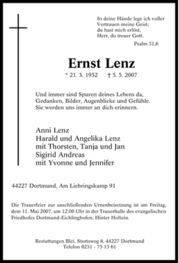 Traueranzeige von Ernst Lenz von Tageszeitung