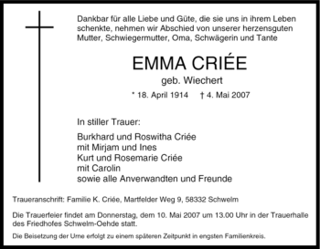 Traueranzeige von Emma Criée von Tageszeitung