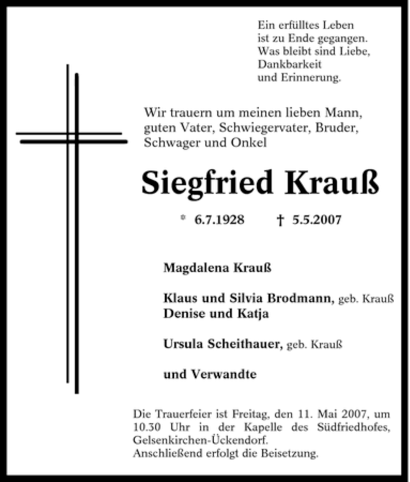 Traueranzeige für Siegfried Krauß vom 08.05.2007 aus Tageszeitung