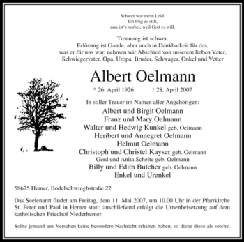 Traueranzeige von Albert Oelmann von Tageszeitung