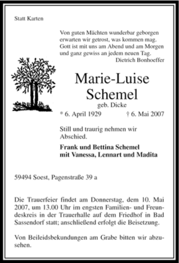 Traueranzeige von Marie-Luise Schemel von Tageszeitung