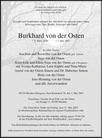 Traueranzeige von Burkhard von der Osten von Tageszeitung