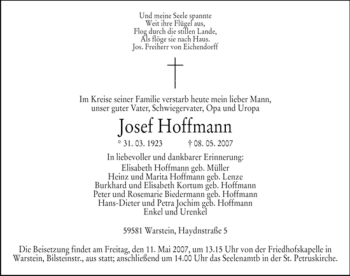 Traueranzeige von Josef Hoffmann von Tageszeitung