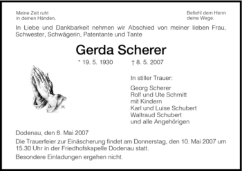 Traueranzeige von Gerda Scherer von Tageszeitung