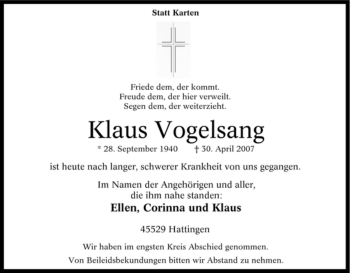 Traueranzeige von Klaus Vogelsang von Tageszeitung