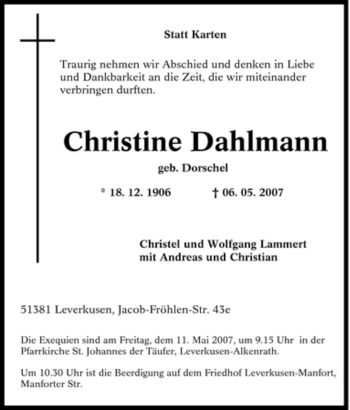 Traueranzeige von Christine Dahlmann von Tageszeitung