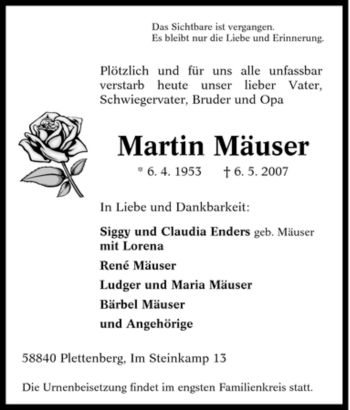 Traueranzeige von Martin Mäuser von Tageszeitung