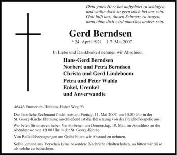 Traueranzeige von Gerd Berndsen von Tageszeitung