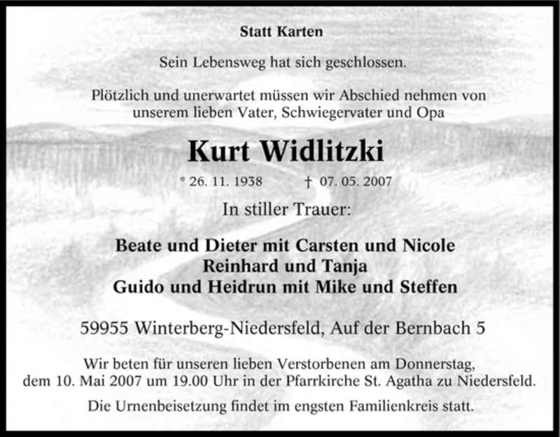  Traueranzeige für Kurt Widlitzki vom 09.05.2007 aus Tageszeitung
