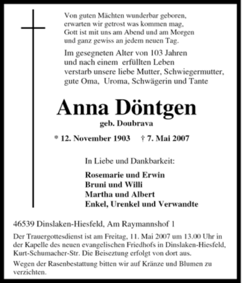 Traueranzeige von Anna Döntgen von Tageszeitung