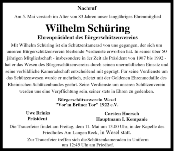 Traueranzeige von Wilhelm Schüring von Tageszeitung