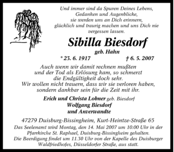 Traueranzeige von Sibilla Biesdorf von Tageszeitung