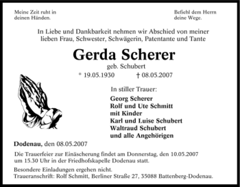 Traueranzeige von Gerda Scherer von Tageszeitung