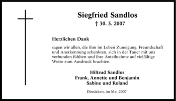 Traueranzeige von Siegfried Sandlos von Tageszeitung