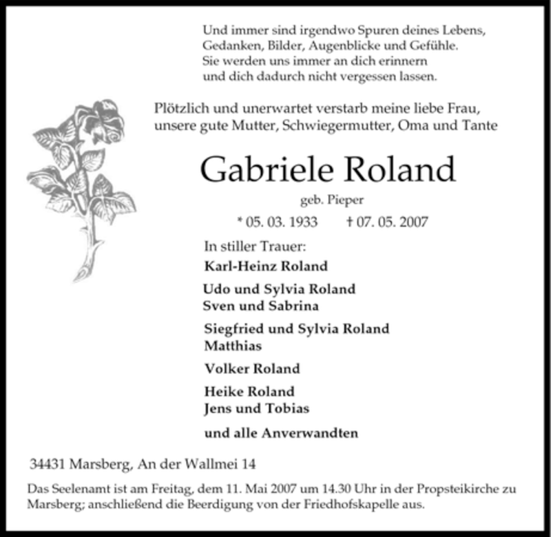 Traueranzeige für Gabriele Roland vom 09.05.2007 aus Tageszeitung