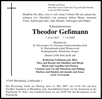 Traueranzeige von Theodor Schmiedemeister von Tageszeitung