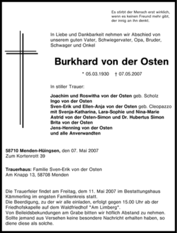 Traueranzeige von Burkhard von der Osten von Tageszeitung
