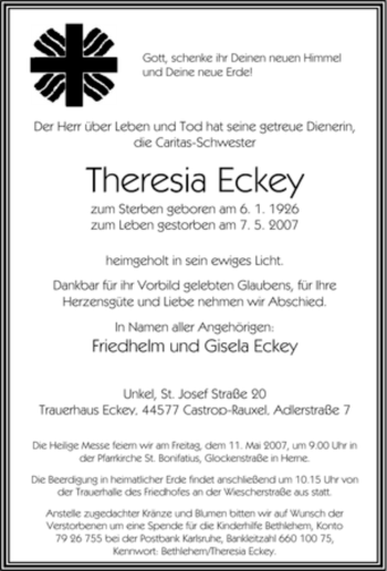 Traueranzeige von Theresia Eckey von Tageszeitung
