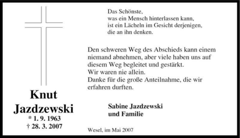  Traueranzeige für Knut Jazdzewski vom 09.05.2007 aus Tageszeitung