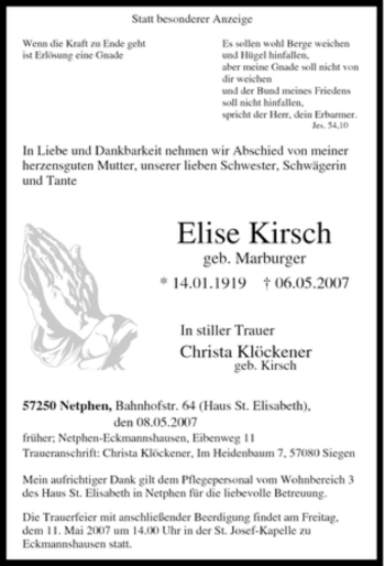 Traueranzeige von Elise Kirsch von Tageszeitung