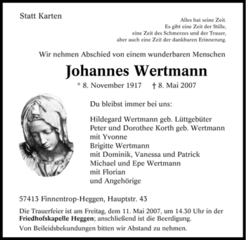 Traueranzeige von Johannes Wertmann von Tageszeitung