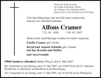 Traueranzeige von Alfons Cramer von Tageszeitung