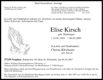 Traueranzeige von Elise Kirsch von Tageszeitung