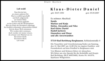 Traueranzeige von Klaus-Dieter Daniel von Tageszeitung