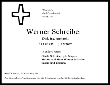 Traueranzeige von Werner Schreiber von Tageszeitung