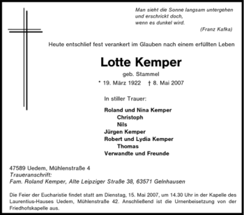 Traueranzeige von Lotte Kemper von Tageszeitung