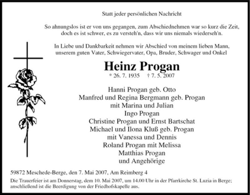  Traueranzeige für Heinz Progan vom 09.05.2007 aus Tageszeitung