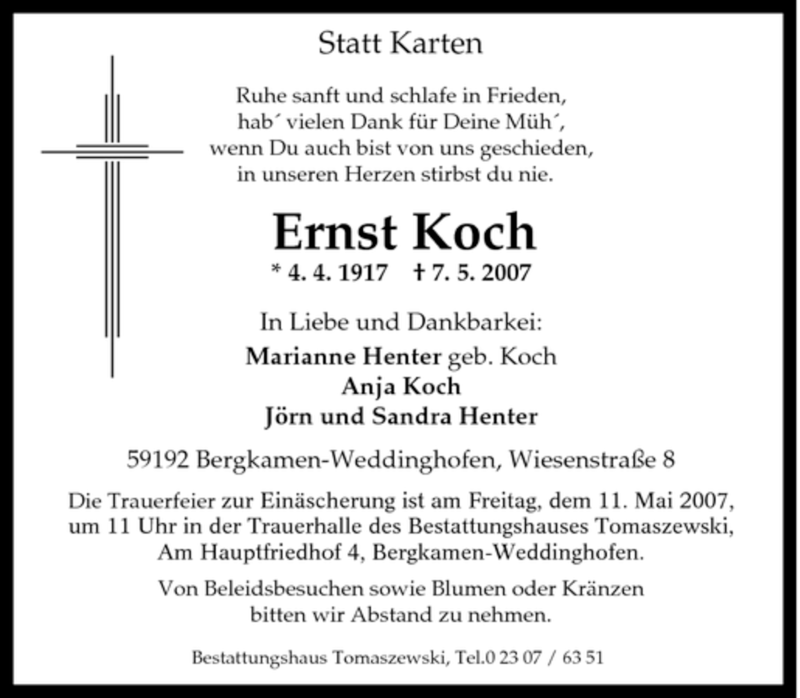 Traueranzeige für Ernst Koch vom 09.05.2007 aus Tageszeitung