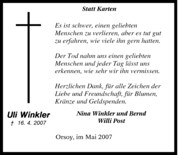 Traueranzeige von Uli Winkler von Tageszeitung