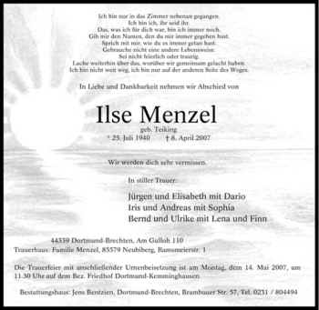 Traueranzeige von Ilse Menzel von Tageszeitung