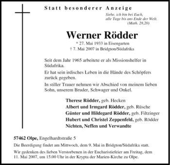 Traueranzeige von Werner Rödder von Tageszeitung