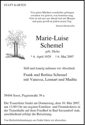 Traueranzeige von Marie-Luise Schemel von Tageszeitung