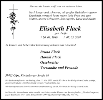 Traueranzeige von Elisabeth Flack von Tageszeitung