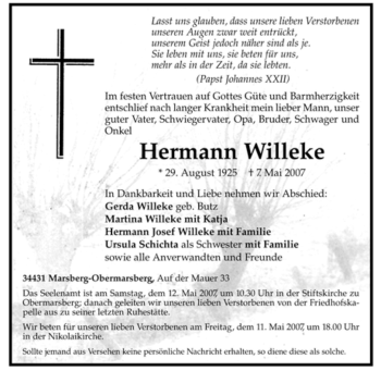 Traueranzeige von Hermann Willeke von Tageszeitung