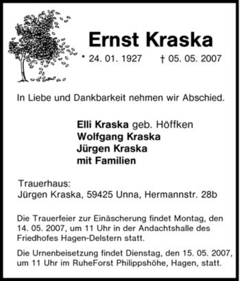 Traueranzeige von Ernst Kraska von Tageszeitung