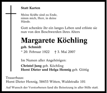 Traueranzeige von Margarete Köchling von Tageszeitung
