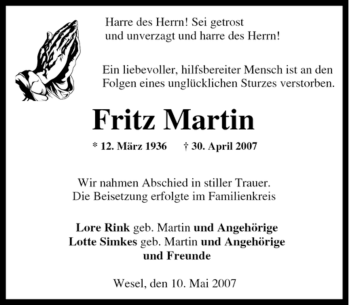 Traueranzeige von Fritz Martin von Tageszeitung
