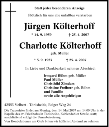 Traueranzeige von Jürgen Költerhoff von Tageszeitung