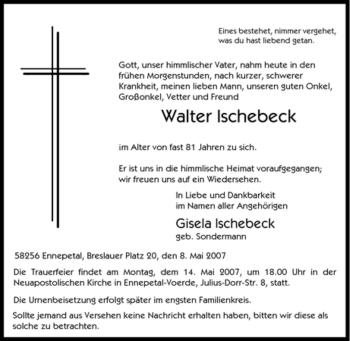 Traueranzeige von Walter Ischebeck von Tageszeitung