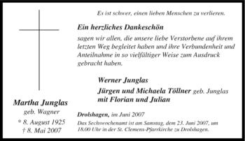 Traueranzeige von Martha Junglas von Tageszeitung