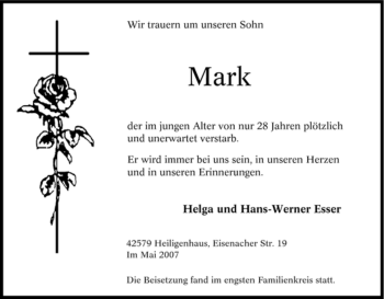 Traueranzeige von Unbekannt Mark von Tageszeitung