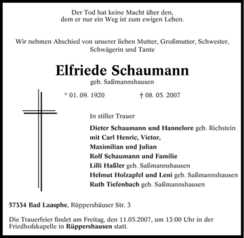 Traueranzeige von Elfriede Schaumann von Tageszeitung