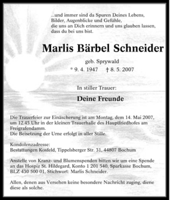 Traueranzeige von Marlis Bärbel Schneider von Tageszeitung