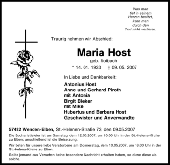 Traueranzeige von Maria Host von Tageszeitung