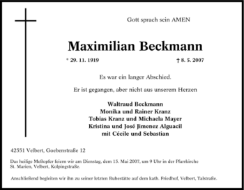 Traueranzeige von Maximilian Beckmann von Tageszeitung